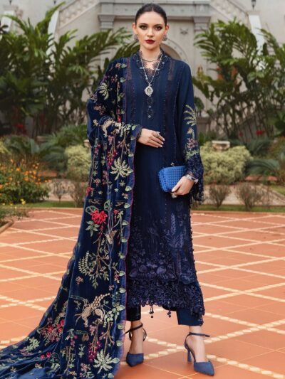 3 Piece Unstitched Embroidered Twill Linen Suit WL-1312-Navy Blue