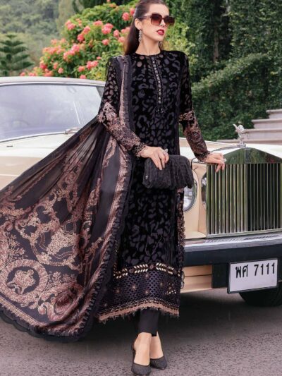 3 Piece Unstitched Embroidered Palachi Suit WL-1301-Black and Gold