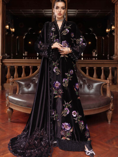 3 Piece Unstitched Embroidered Velvet Suit WL-1306-Black and Purple